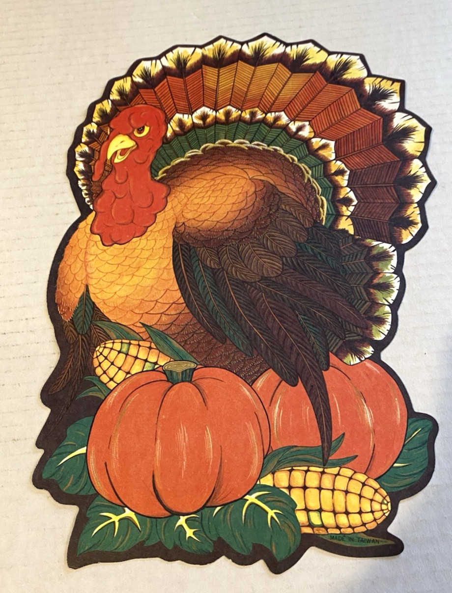 Vintage Die Cut Thanksgiving Turkey Card Decor Fall 12″x8″ Pumpkins Corn 2 Cards