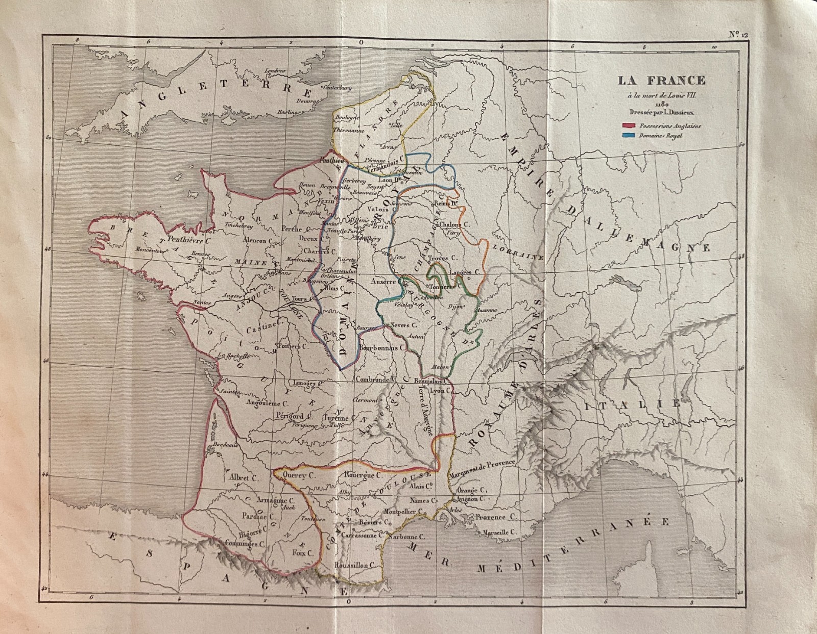 Engraving France 1840 “Map Of France At The Death Of Louis VII”
