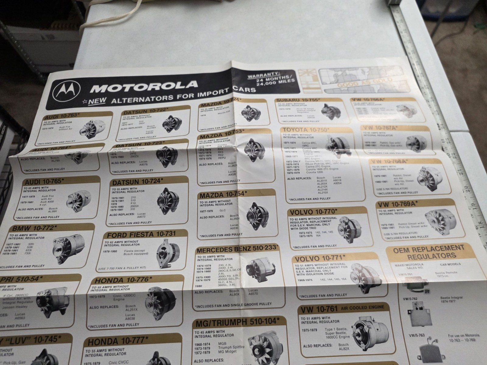 Vintage 1970s 80s Motorola Import Car Altenators VW BMW Audi Advertising Poster