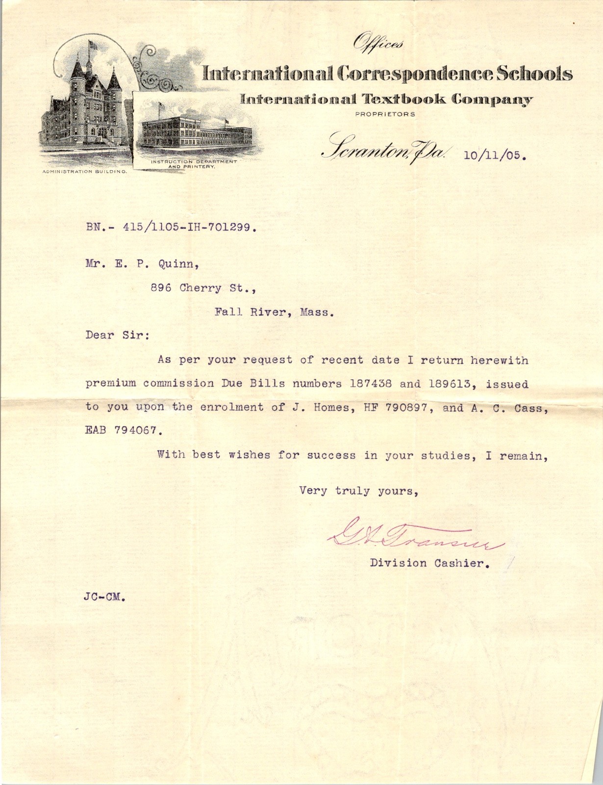 International Correspondence Schools Letter 1905 Scranton PA Business Ephemera