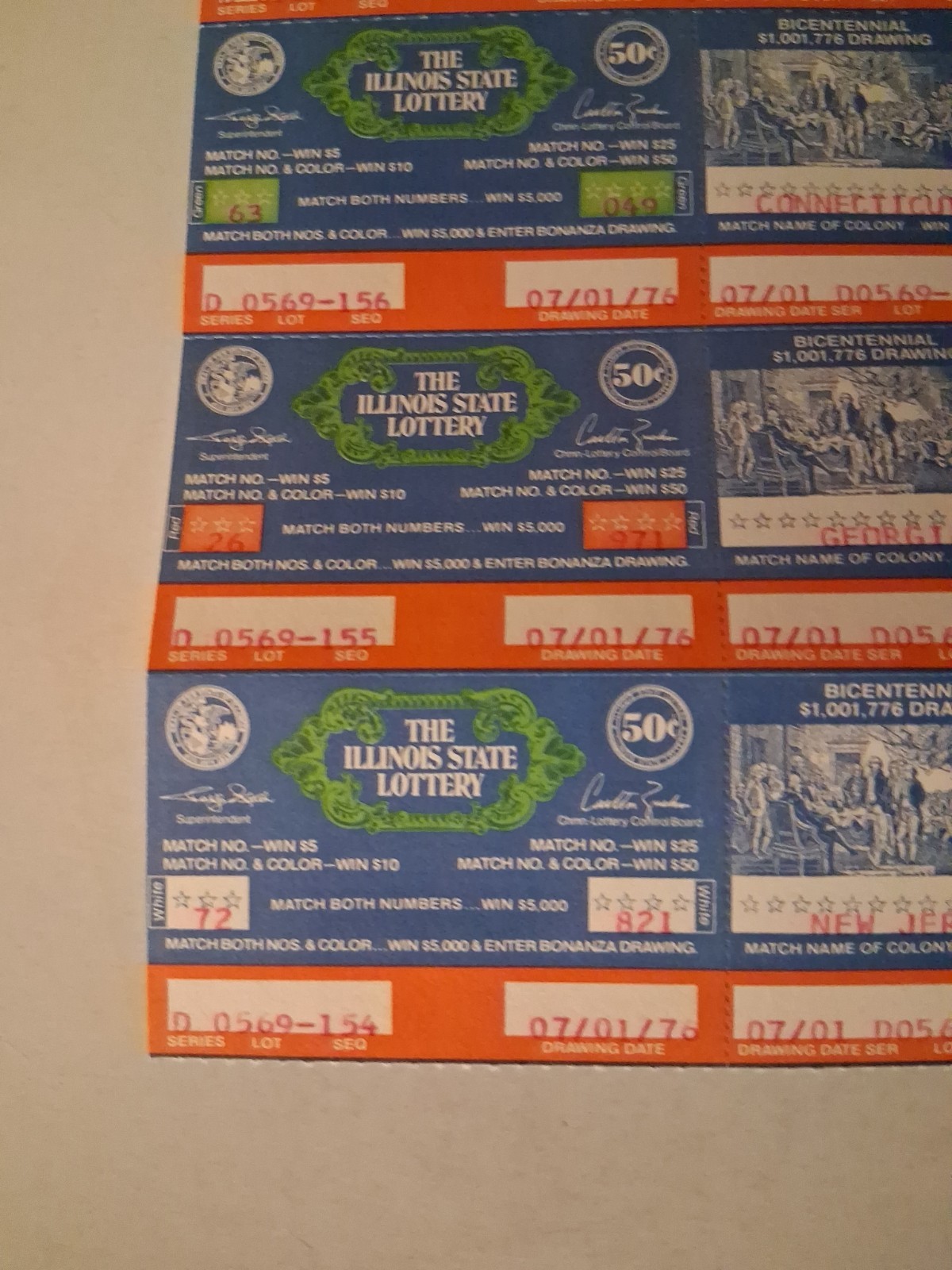 4 Bi-Centennial Paper Illinois Lottery Tickets – issued 1976 Uncut Americana