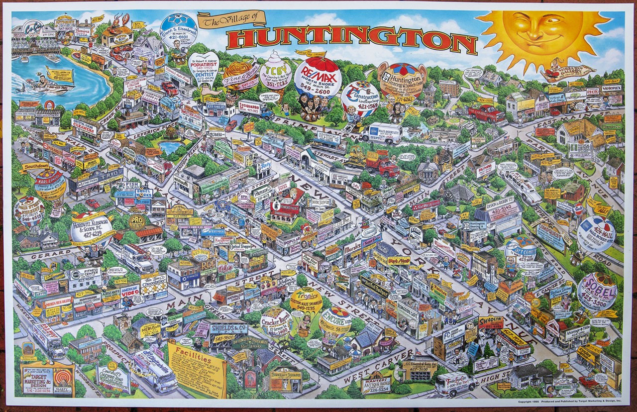 HUNTINGTON LONG ISLAND Illustrated Cartoon Map 1995 – FREE SHIPPING
