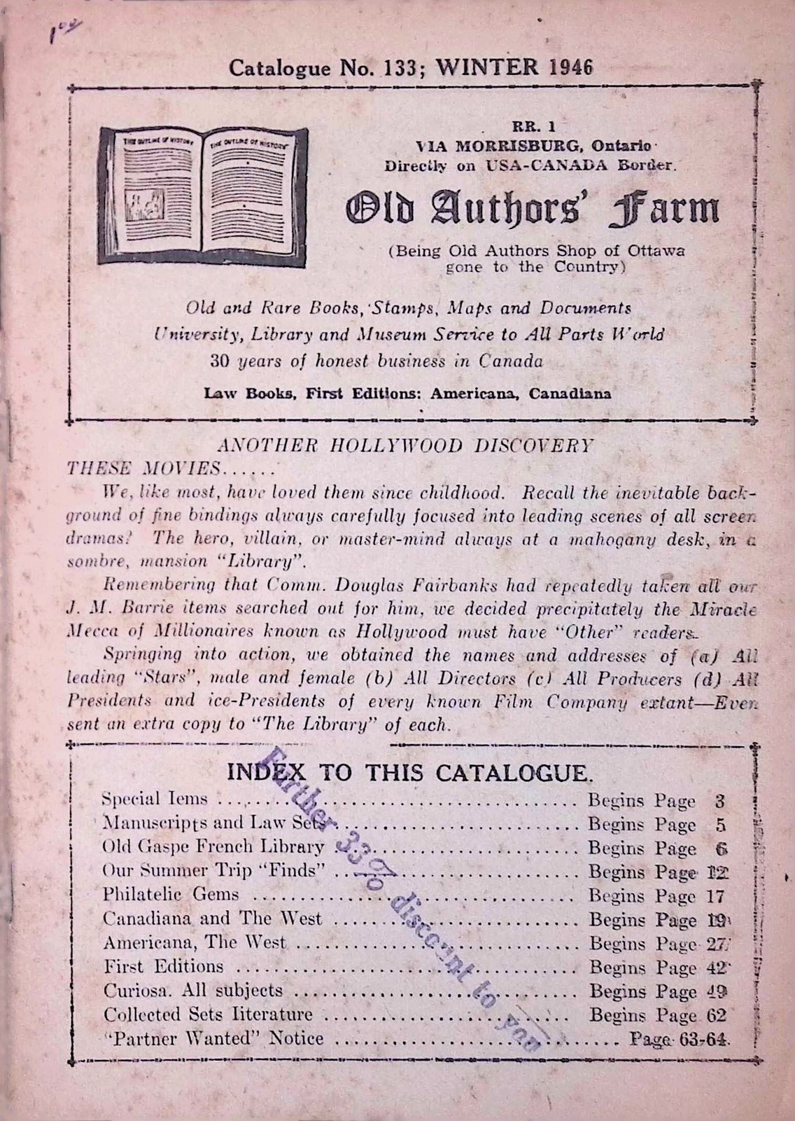 Old Authors Farm Catalog 1946 Morrisburg ON Books Stamps Maps Americana First
