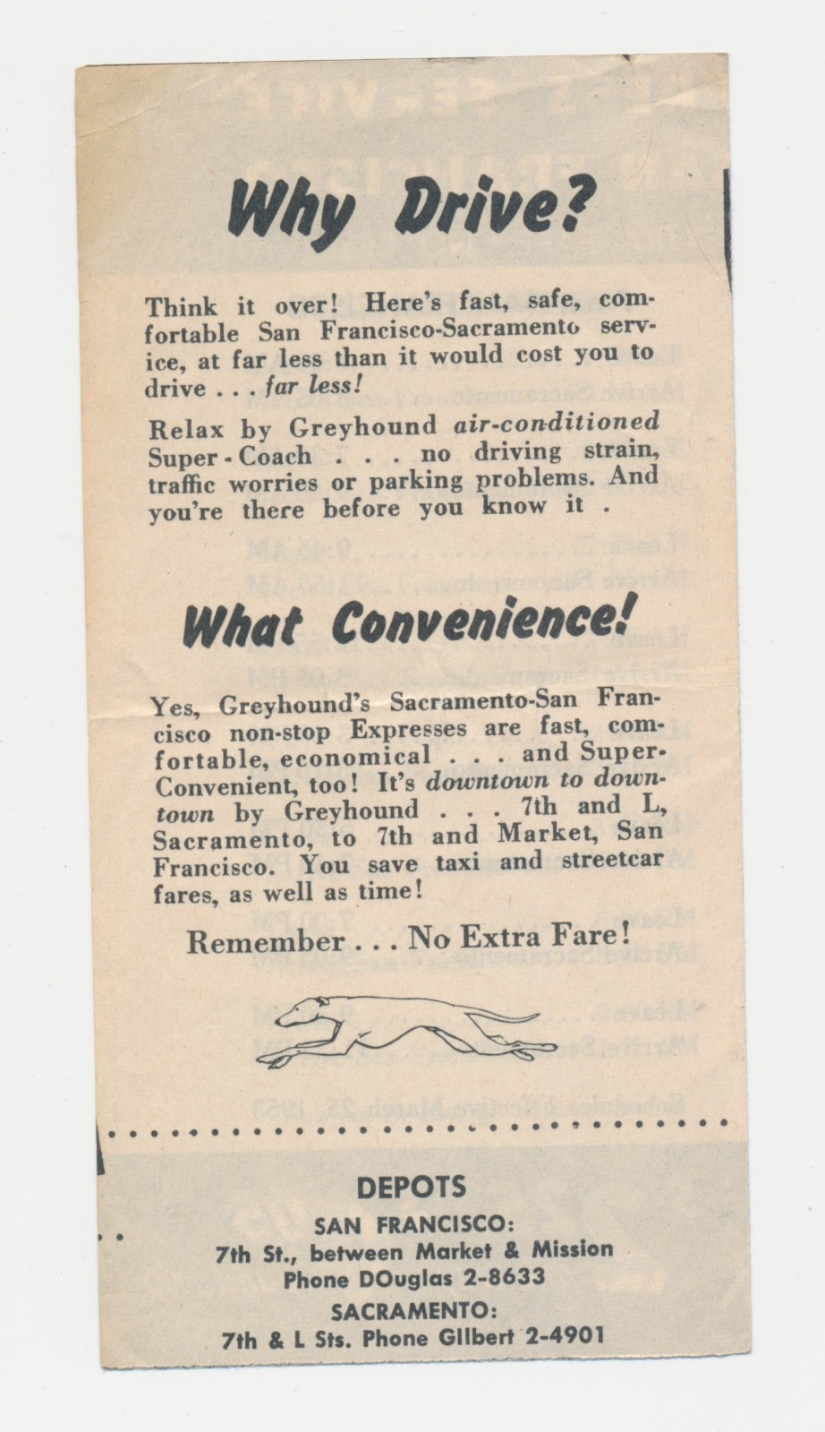 Vintage Greyhound Bus Time Table Sacramento to San Francisco CA Non Stop Express