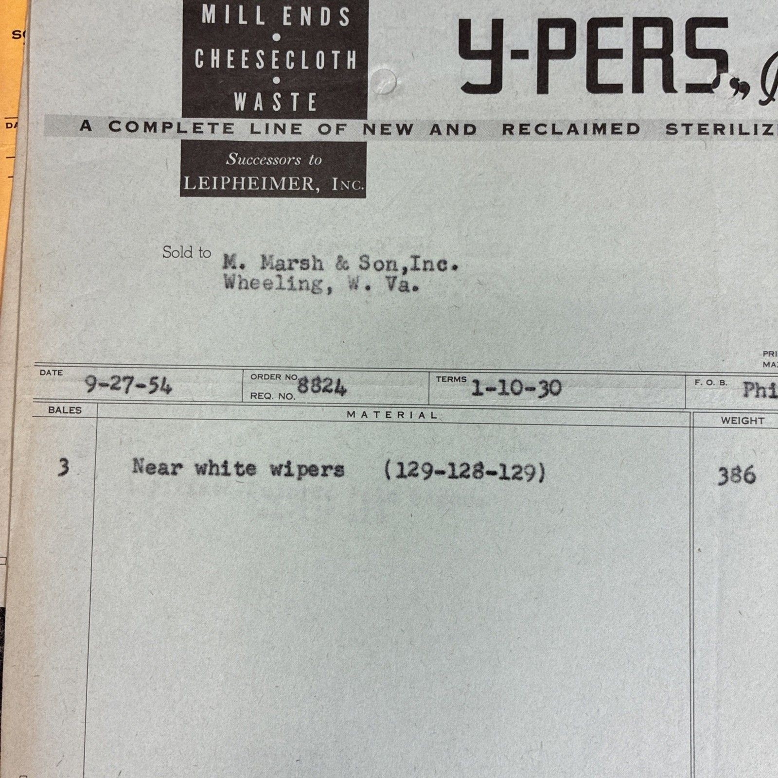 1950s 1960s Y PERS Industrial Invoice Lot Philadelphia PA Wheeling WV Cigar