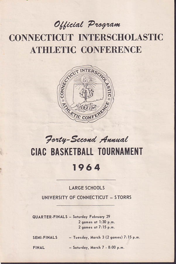 Connecticut Interscholasitc Athetic Conference Basketball Tournament prgm 1964