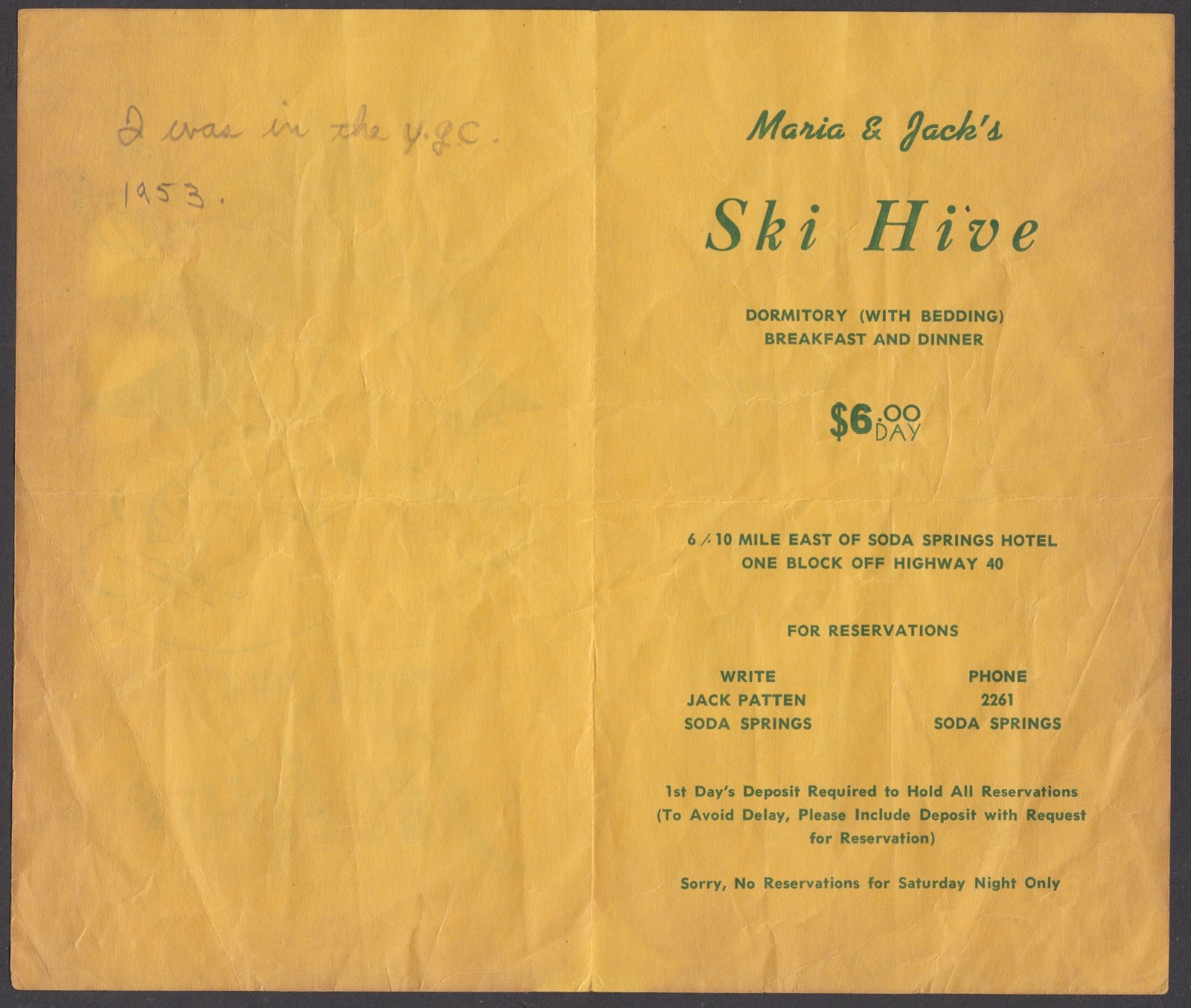 1950’s – 60’s Maria & Jacks SKI HIVE Hotel – Motel Brochure @ Soda Springs CA