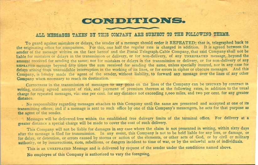 Postal Telegraph Co. Telegram 1890s Wanamaker & Brown Textile Ephemera