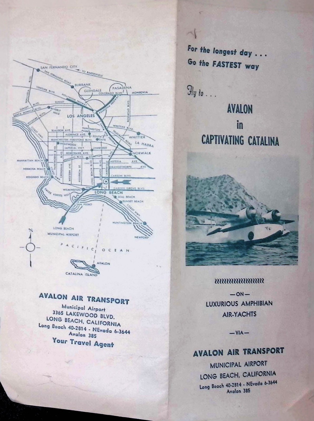 c1950s Avalon Air Transport Brochure Catalina Island CA Seaplane Art