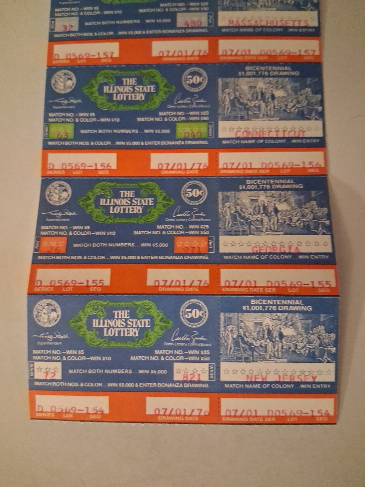 4 Bi-Centennial Paper Illinois Lottery Tickets – issued 1976 Uncut Americana