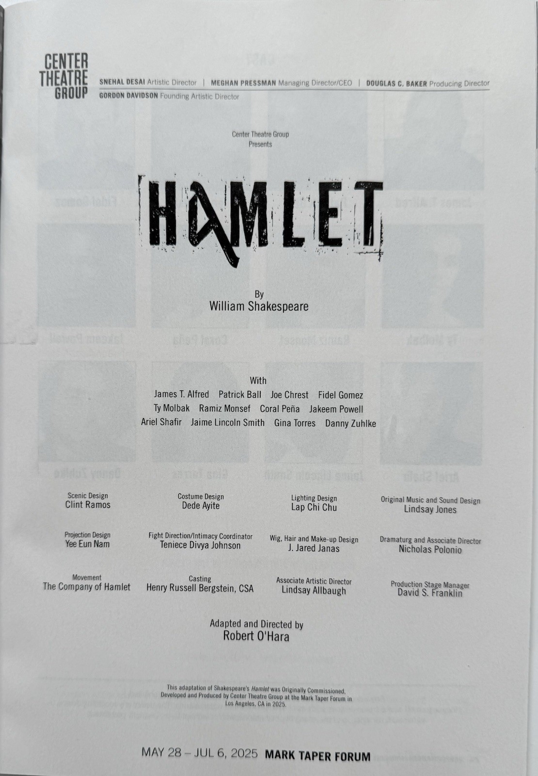 Hamlet – Playbill Jun 2025 Los Angeles Patrick Ball Gina Torres