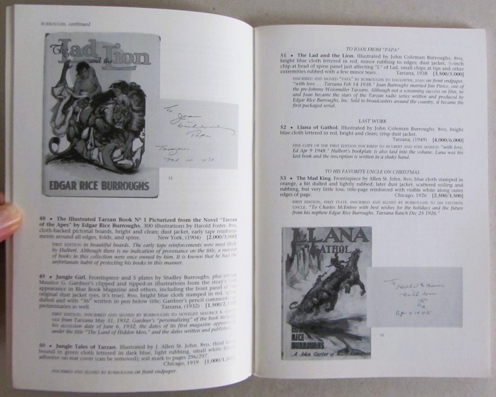 SWANN 19th/20th CENTURY LIT AUCTION CATALOG~9pgs EDGAR RICE BURROUGHS~TARZAN~’02