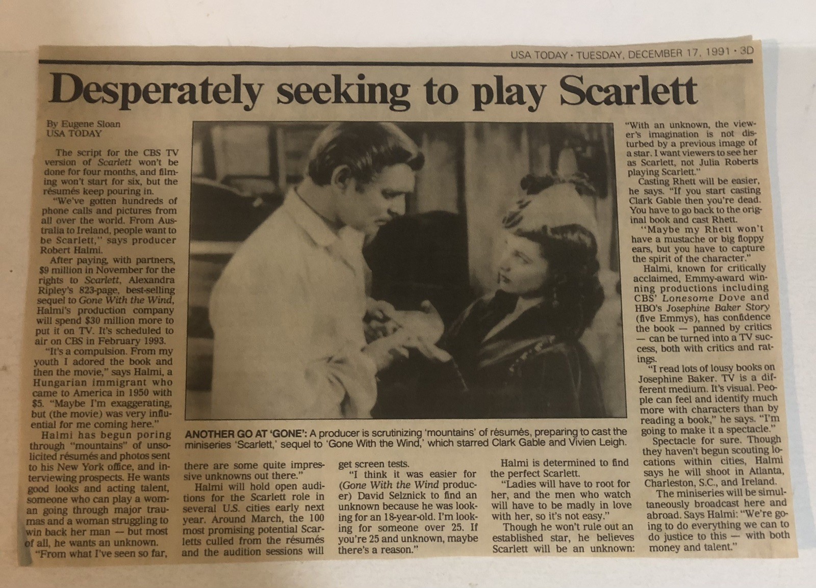 Gone With The Wind Clark Gable Vivien Leigh 1991 Article Print One Page ART7