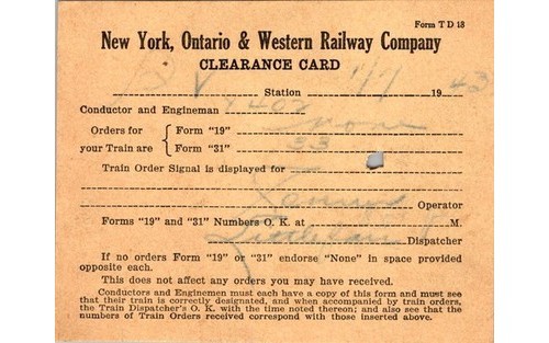 1943 NYO & W Railway Clearance Card Form TD 18 Train Order Paper Railroadiana