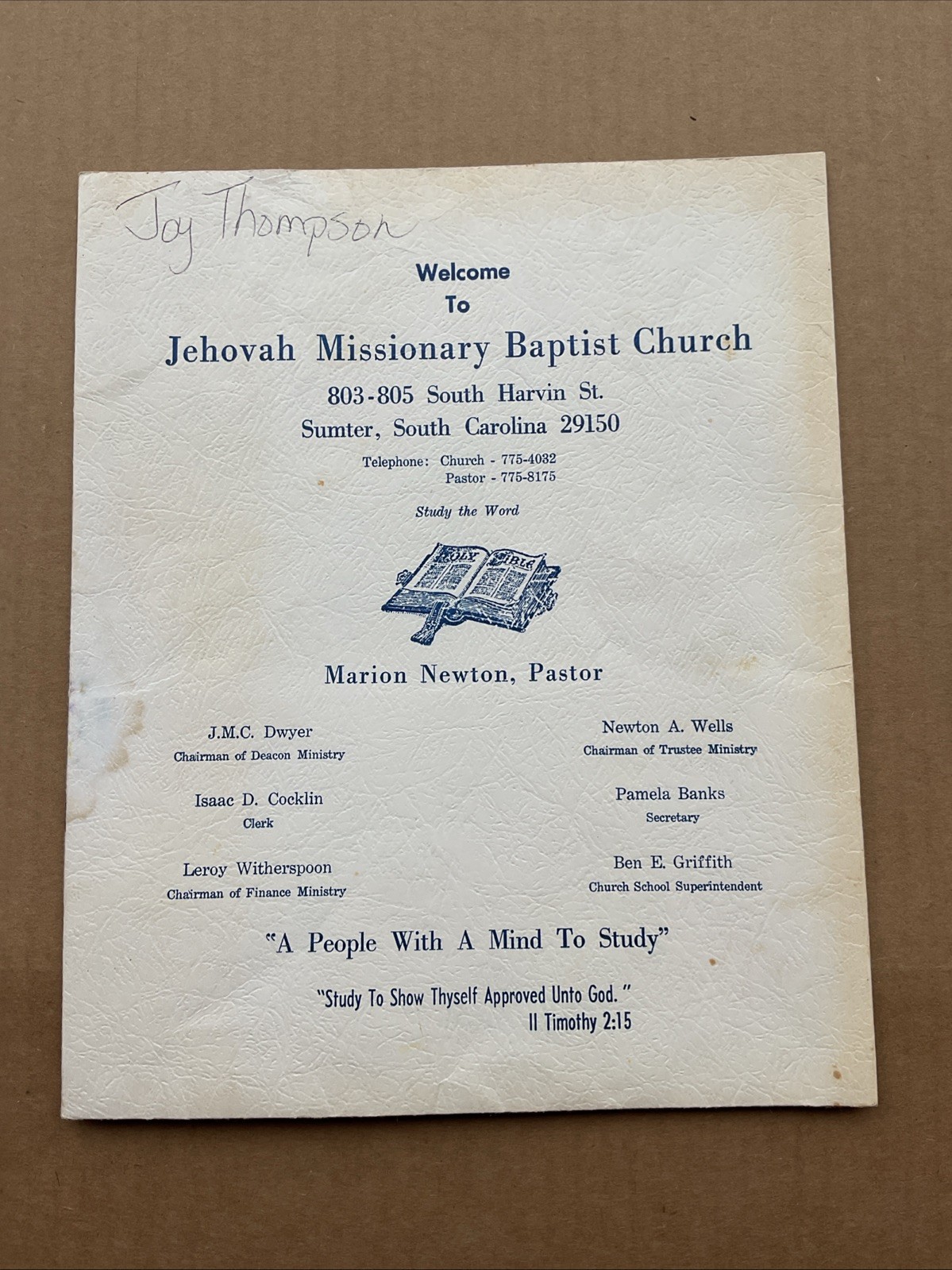 1980s Jehovah Missionary Baptist Church Marion Newton Empty Folder Sumter Sc B12