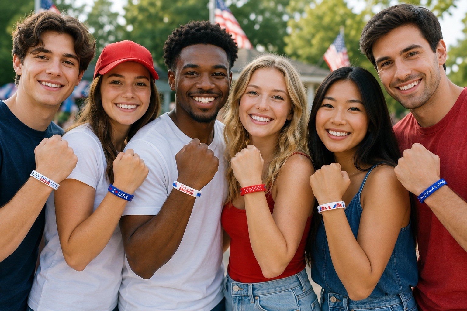 6 Pc Patriotic Silicone Wristband Bracelet Set USA Red White Blue July 4th New