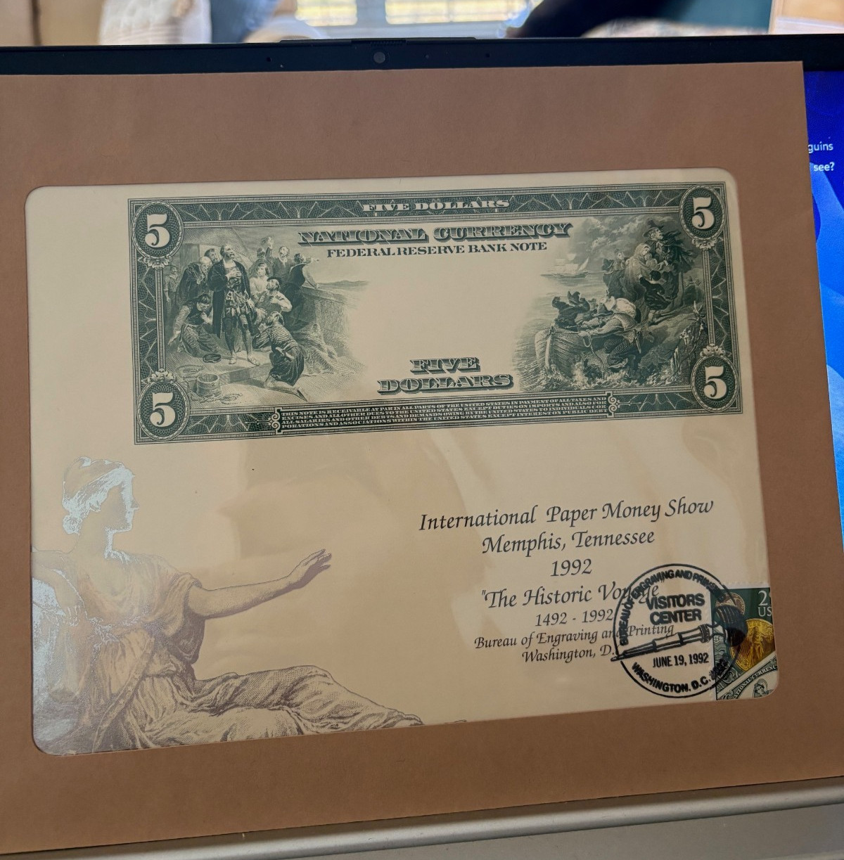 B158 IPMS 1992 BEP Souvenir Card $5 Federal Reserve Bank Note Memphis Tenn NM
