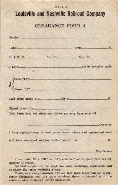 Louisville & Nashville Railroad Clearance Form A 1942 Train Order Ephemera