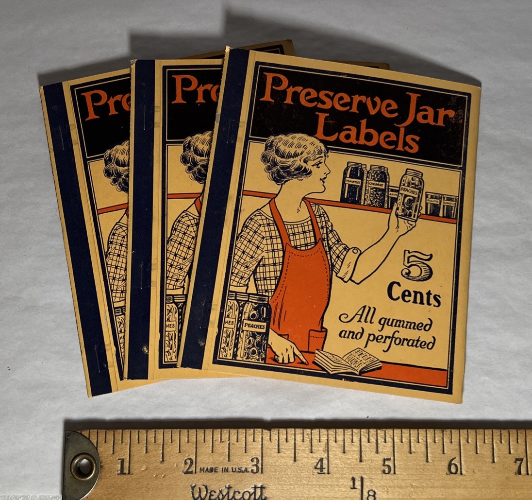 LOT OF 3 VINTAGE NOS PRESERVE JAR LABELS BOOKLET GUMMED AND PERFORATED 5 CENTS
