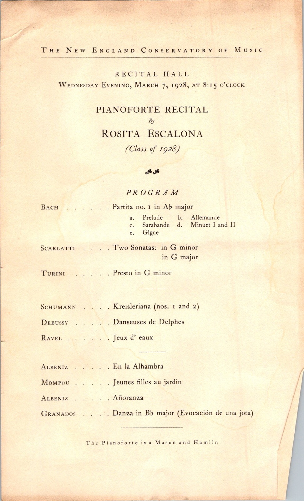 1928 Rosita Escalona Piano Recital Program New England Conservatory Mason Hamlin