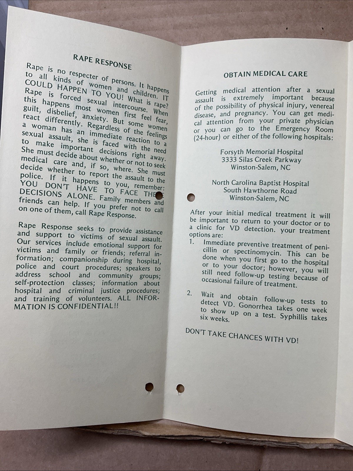 1980s What To Do If You’re Raped Winston-Salem Police Brochure Nc B73