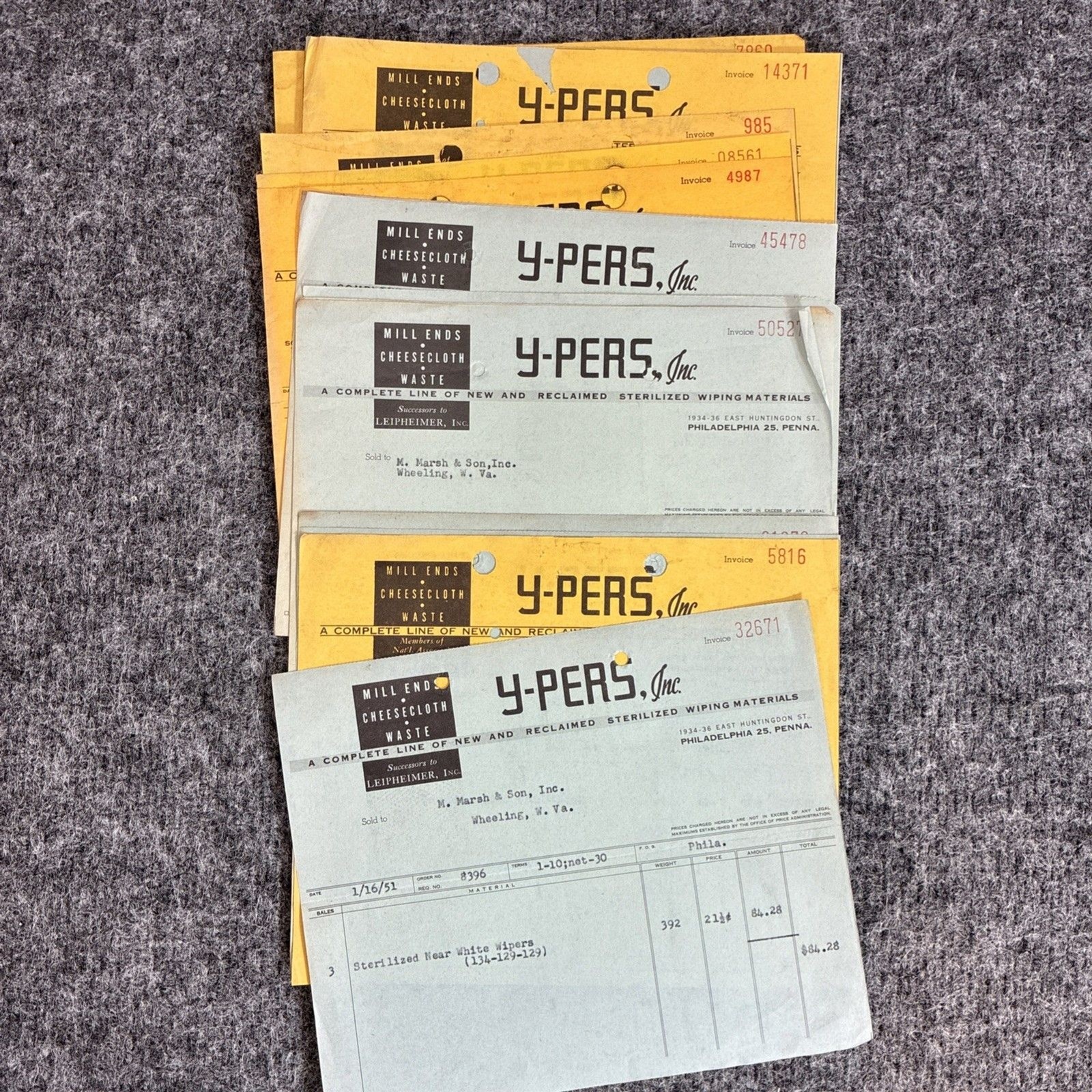 1950s 1960s Y PERS Industrial Invoice Lot Philadelphia PA Wheeling WV Cigar