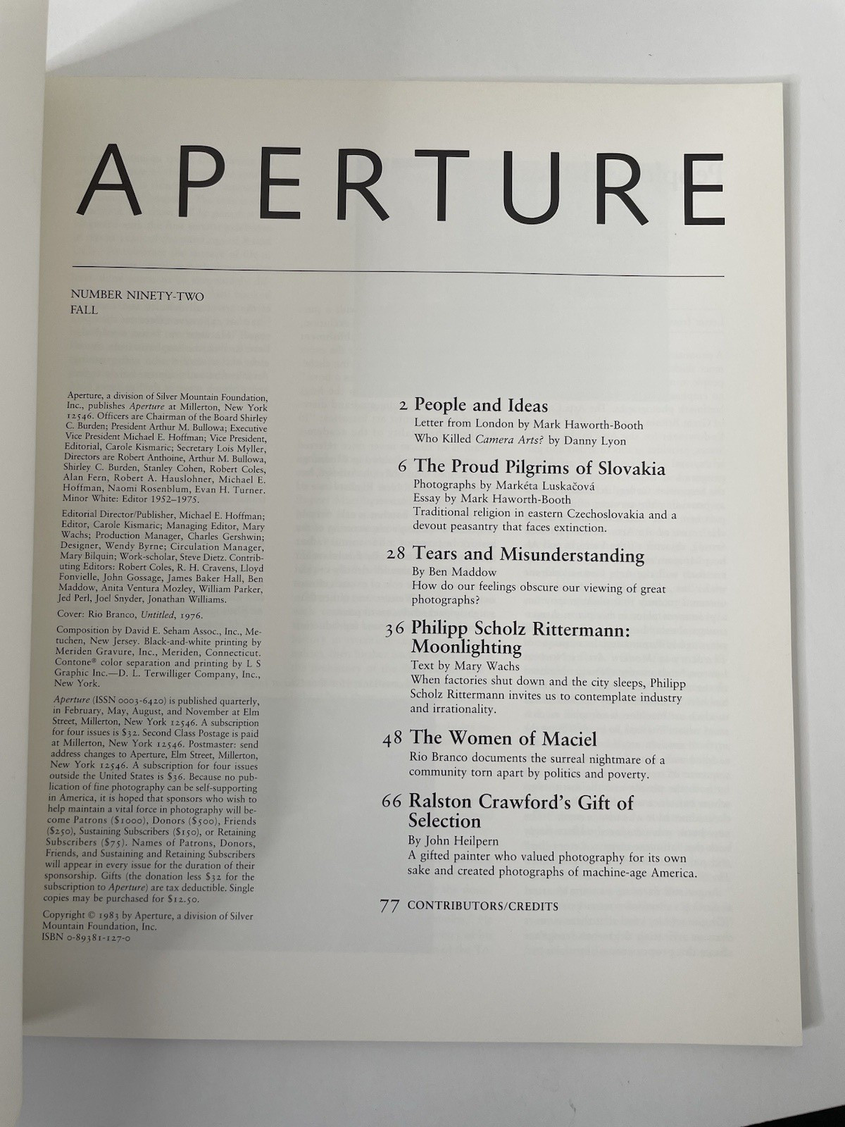 APERTURE #92 Fall 1983 Marketa Luskacova Rittermann Ralston Crawford +