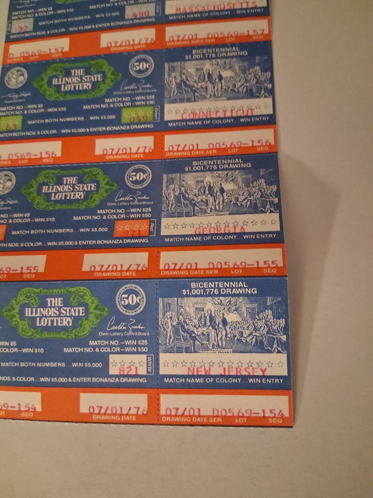 4 Bi-Centennial Paper Illinois Lottery Tickets – issued 1976 Uncut Americana