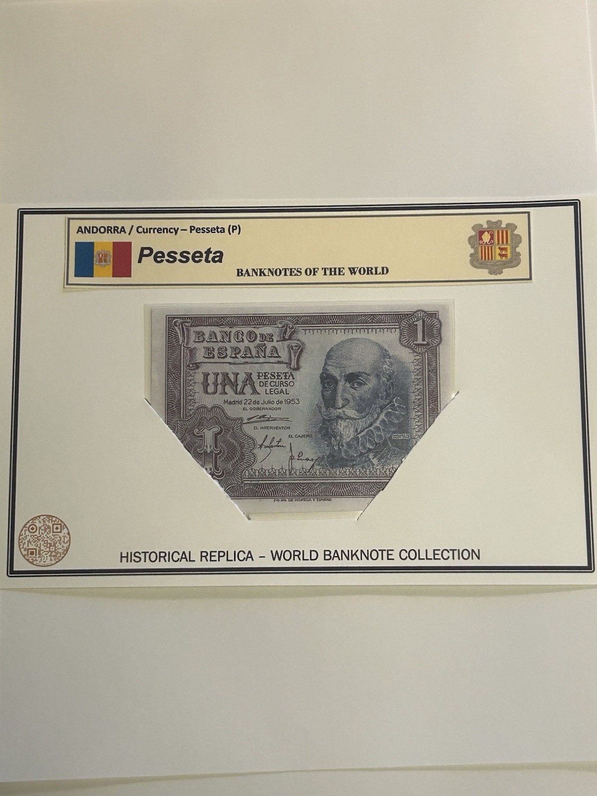 ANDORRA / LAMINATED HISTORICAL REPLICA PRINT – (P) 1 PESSETA NOTE