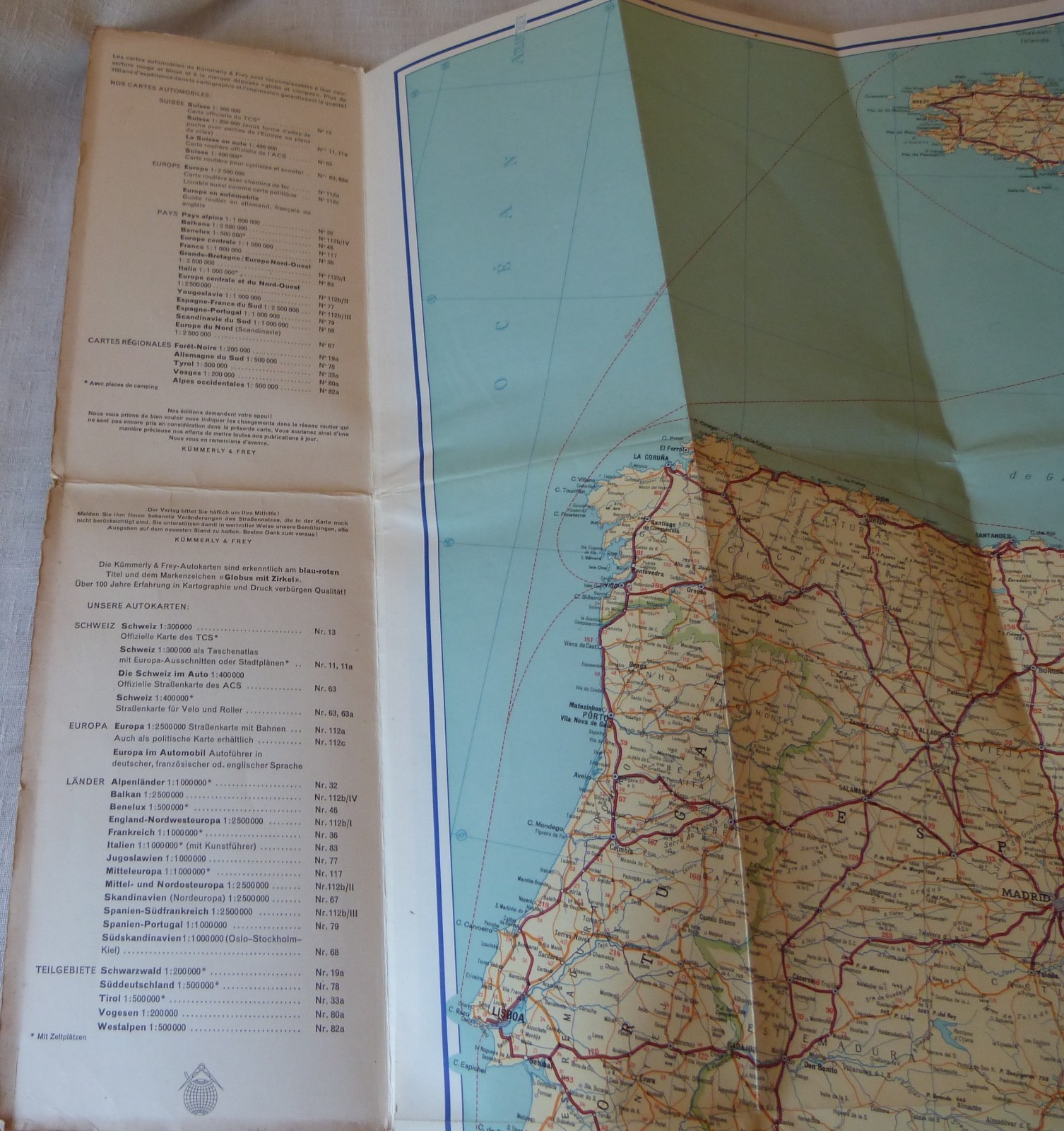 Vintage Folded Road Map of Spain & Southern France By Kummerly & Frey, Bern