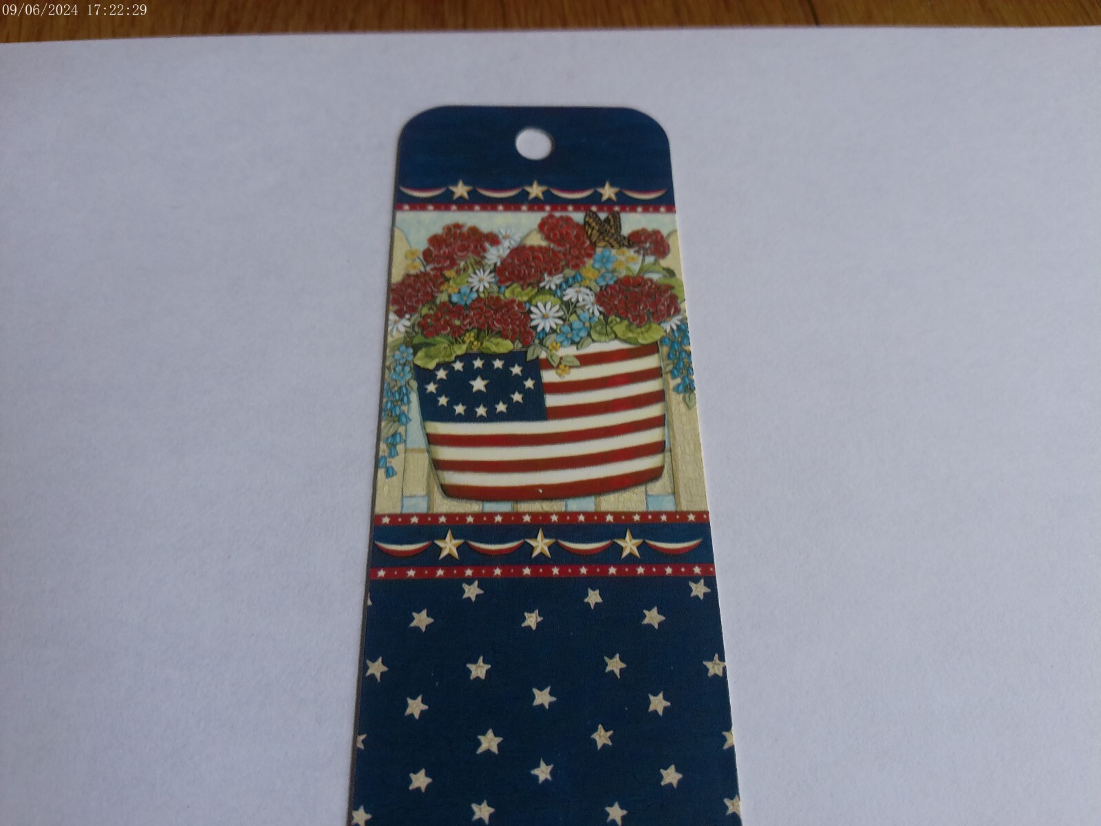 Patriotic Bookmark Deb Strain Flowers Flag Red White Blue Paper Collectible