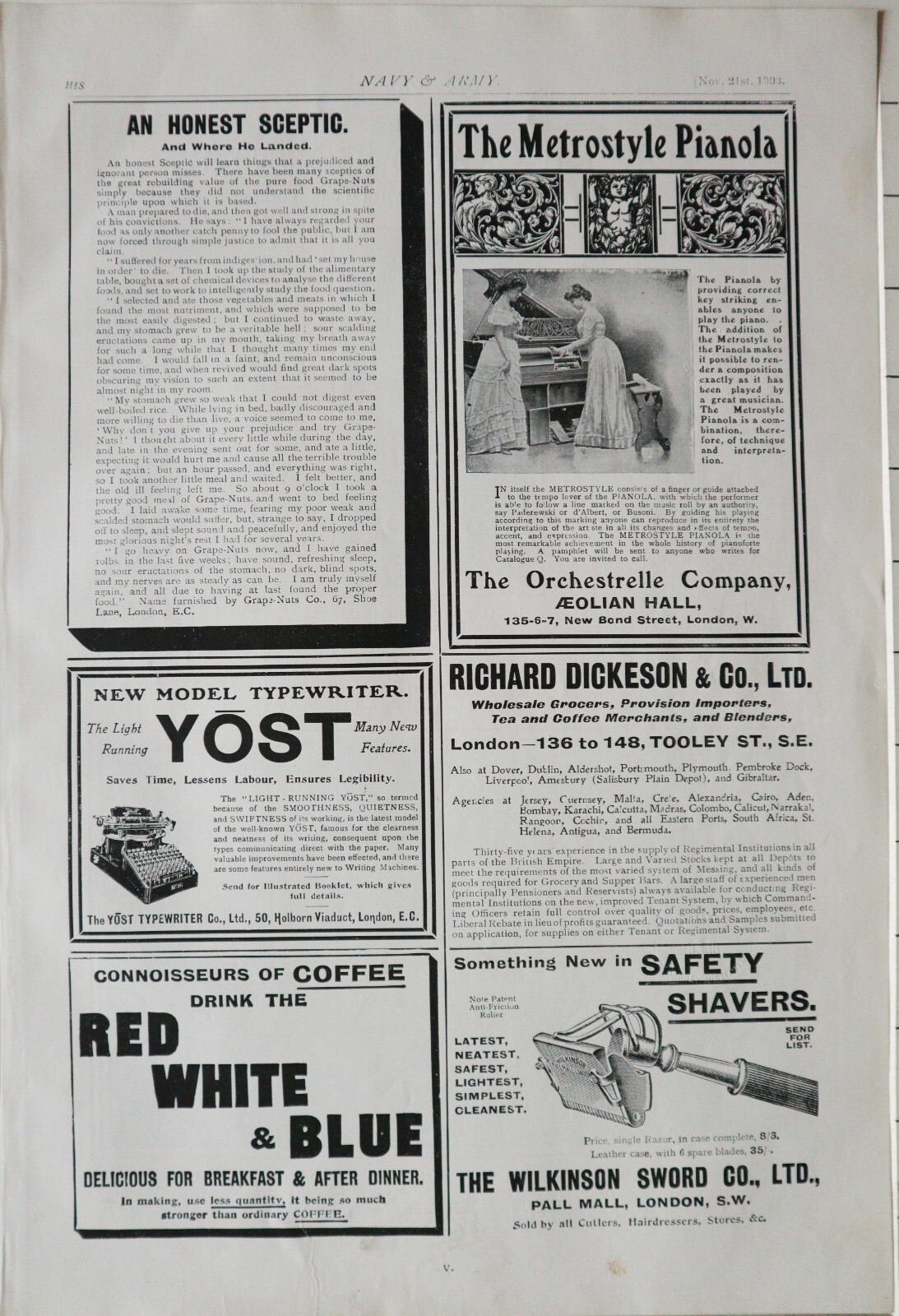 1903 PRINT ADVERT YOST TYPEWRITER – RED WHITE & BLUE COFFEE – WILKINSON SHAVER