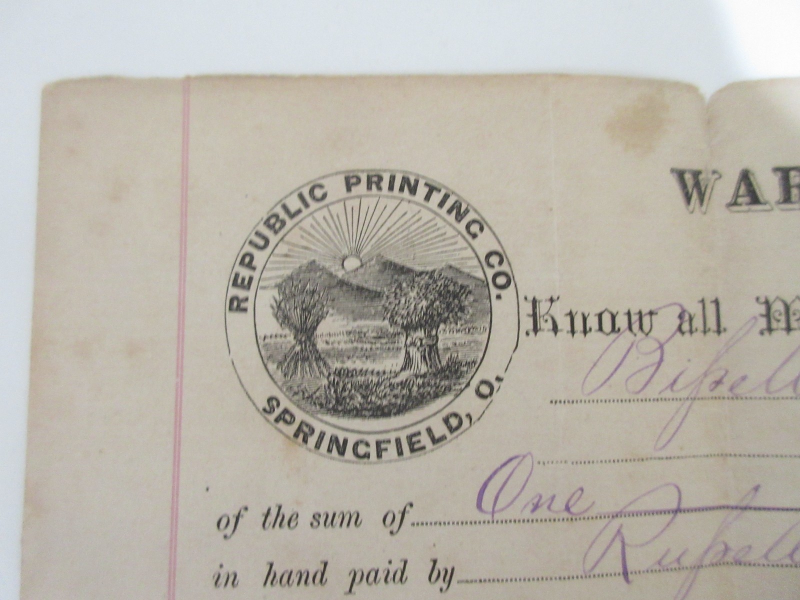 Antique 1870 Warranty Deed With Dower ONE DOLLAR Ohio Bipell + Post Stamps 25c