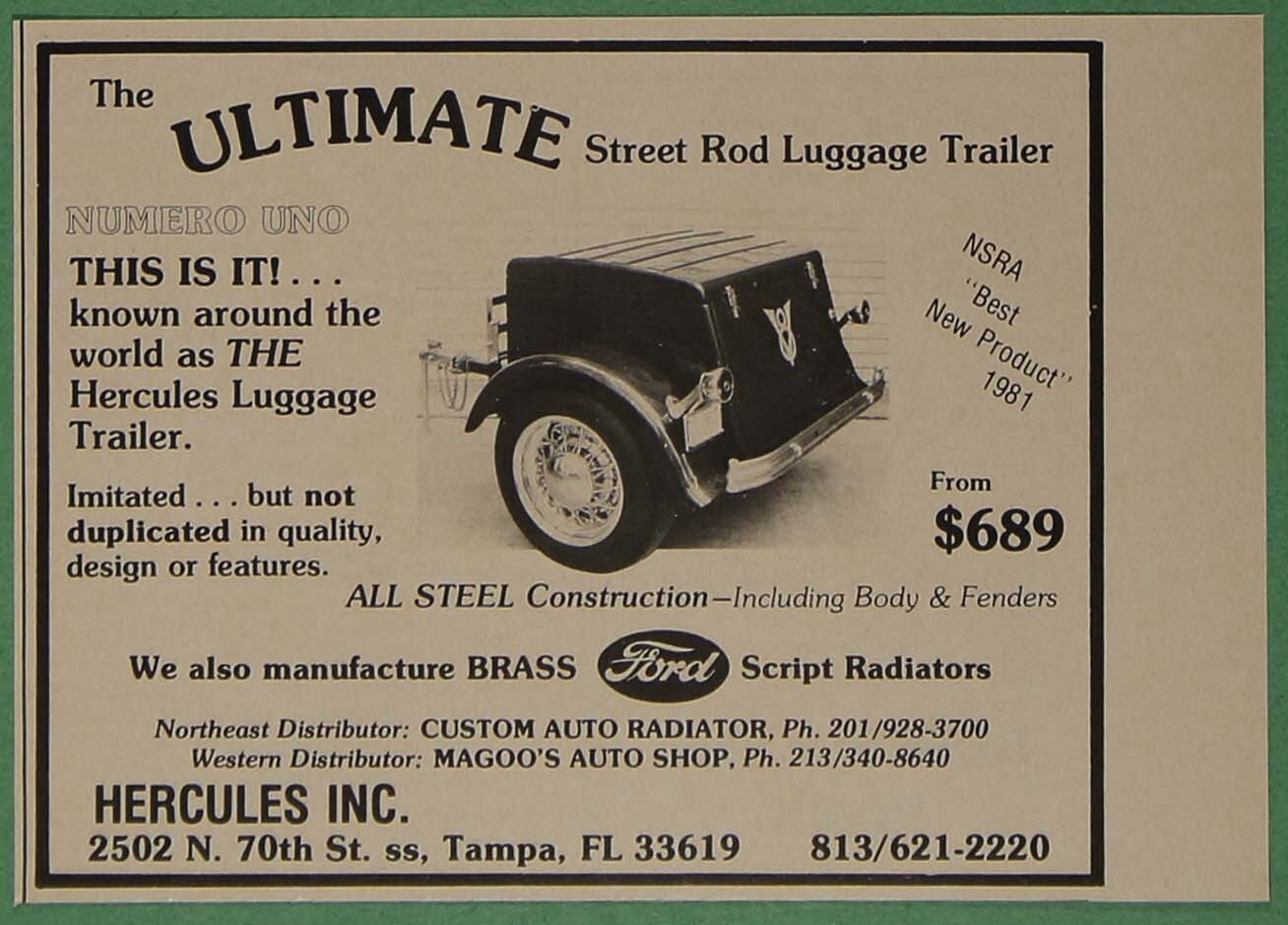 Hercules Steel Street Rod Luggage Trailer Vintage Print Ad 1984