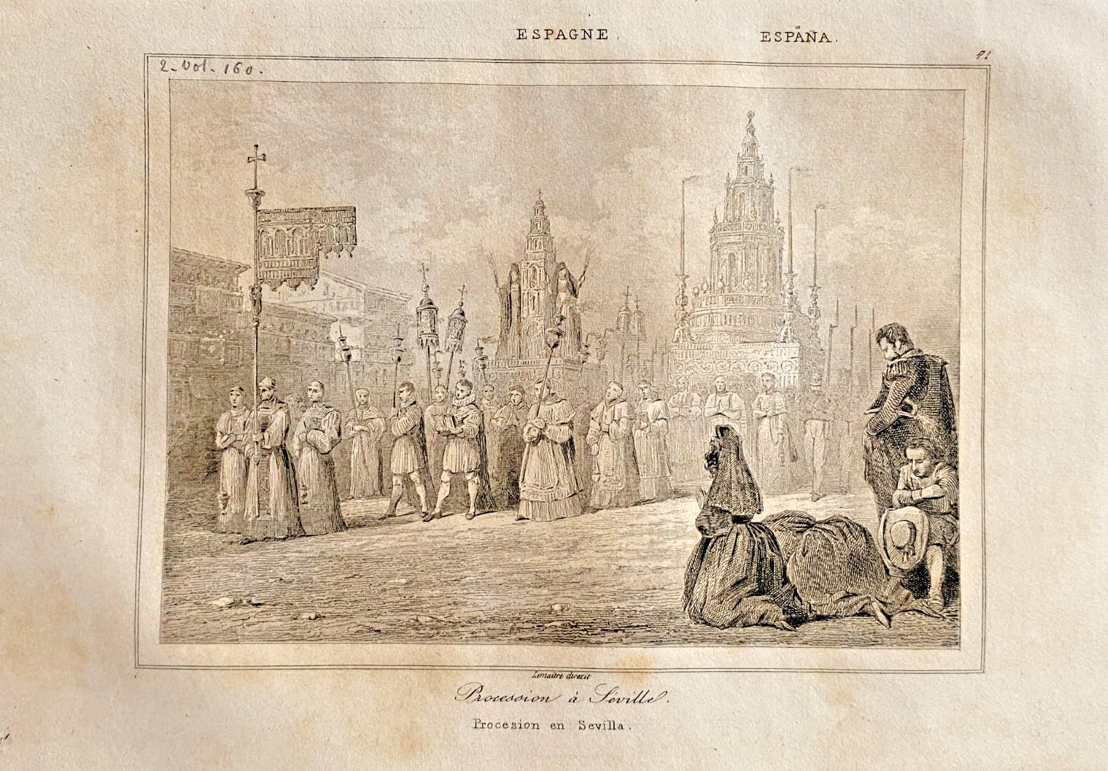 Spain Engraving “Procession in Seville” 19th Century Historical Print