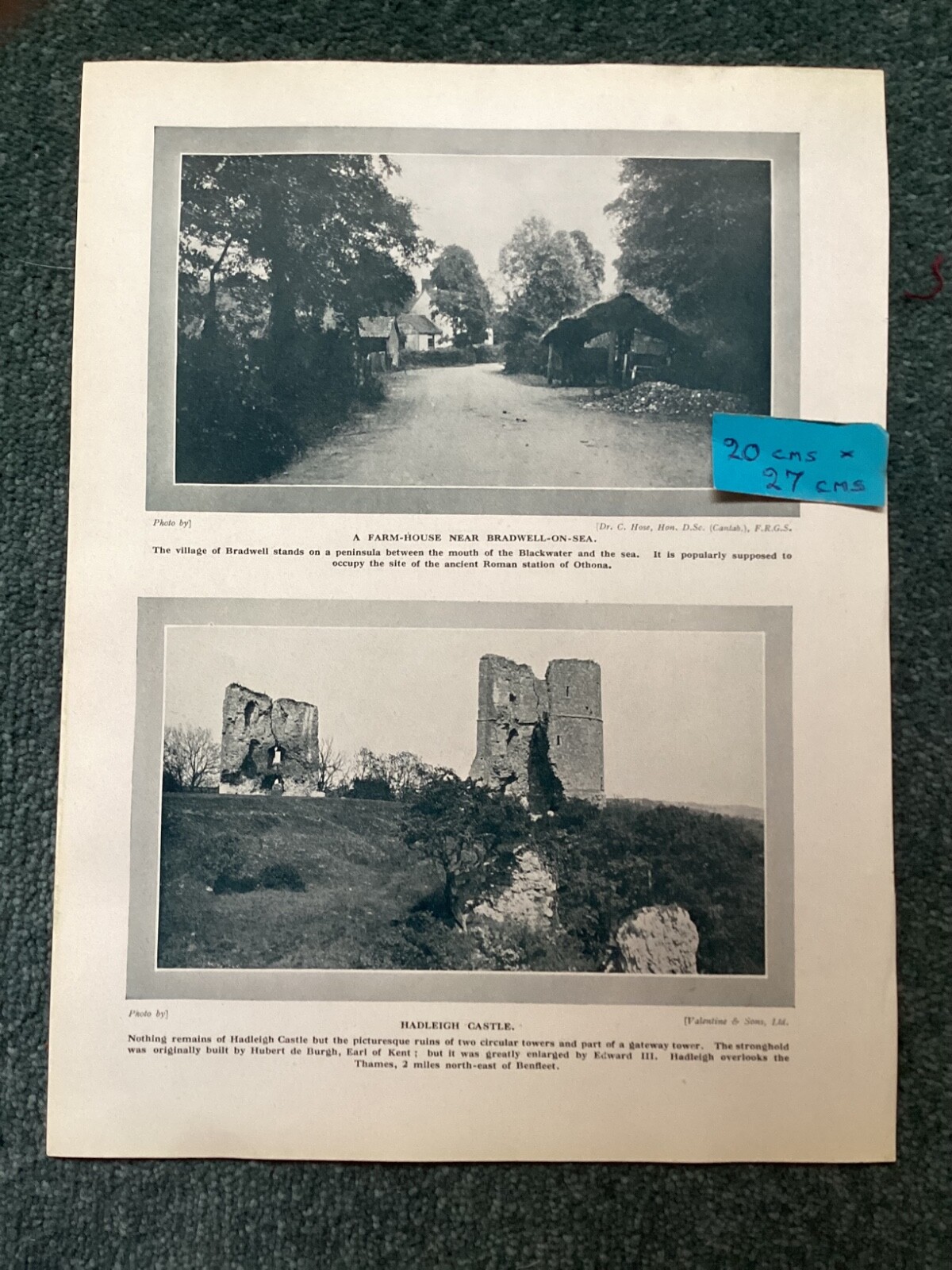 Antique 1920,s print,PURLEIGH CHURCH, & FARMHOUSE Nr BRADWELL-ON – SEA,