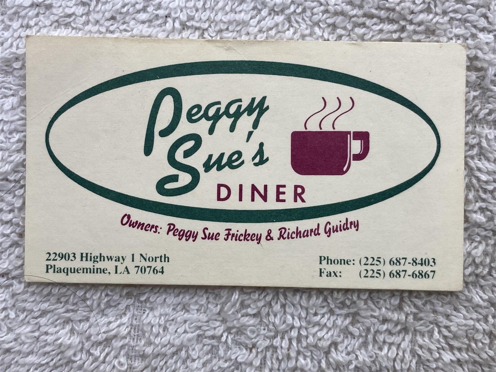 1990s 2000s Business Card Peggy Sue’s Diner Plaquemine LA Vtg