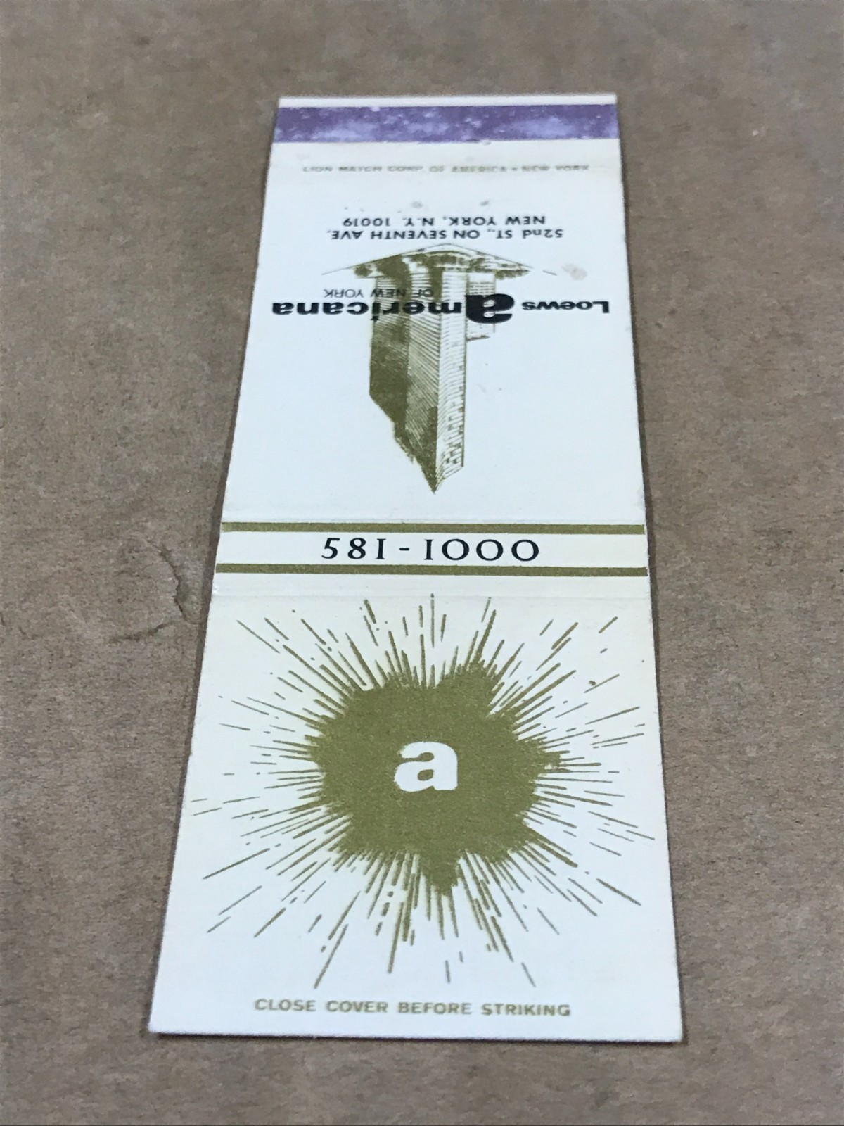 Vintage Loews Americana Of New York – Matchcover, Matchbook