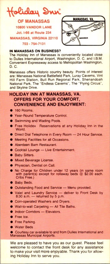 1970s Holiday Inn Manassas Virginia Rack Card I 66 Route 234 Water Beds