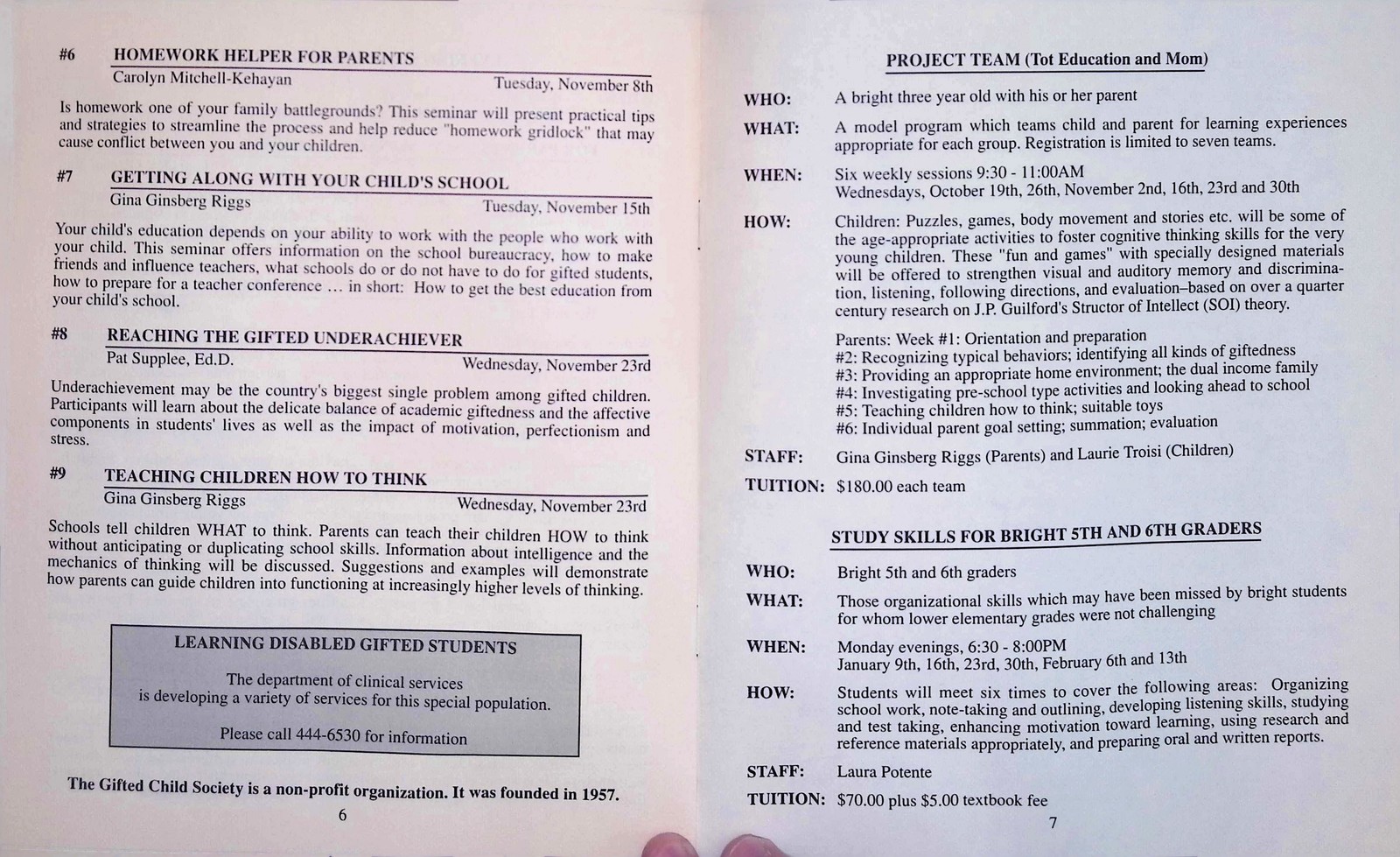 Gifted Child Society 1960s Brochure Glen Rock NJ Enrichment Program