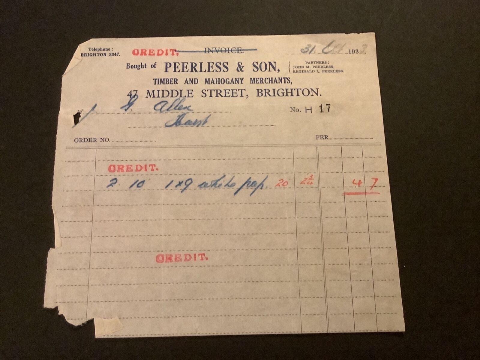 Peerless & Son Timber & Mahogany Merchants Brighton 1933 Receipt R41432