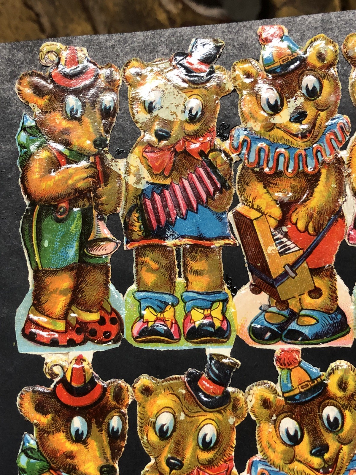 Young Bears Musician & Baby Chicks Die Cut Scraps Glued on Paper Double Sided L6
