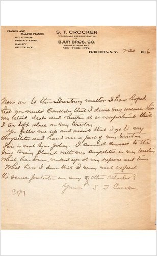 1916 Piano Player Handwritten Dispute S.T. Crocker Fredonia NY Bjur Bros