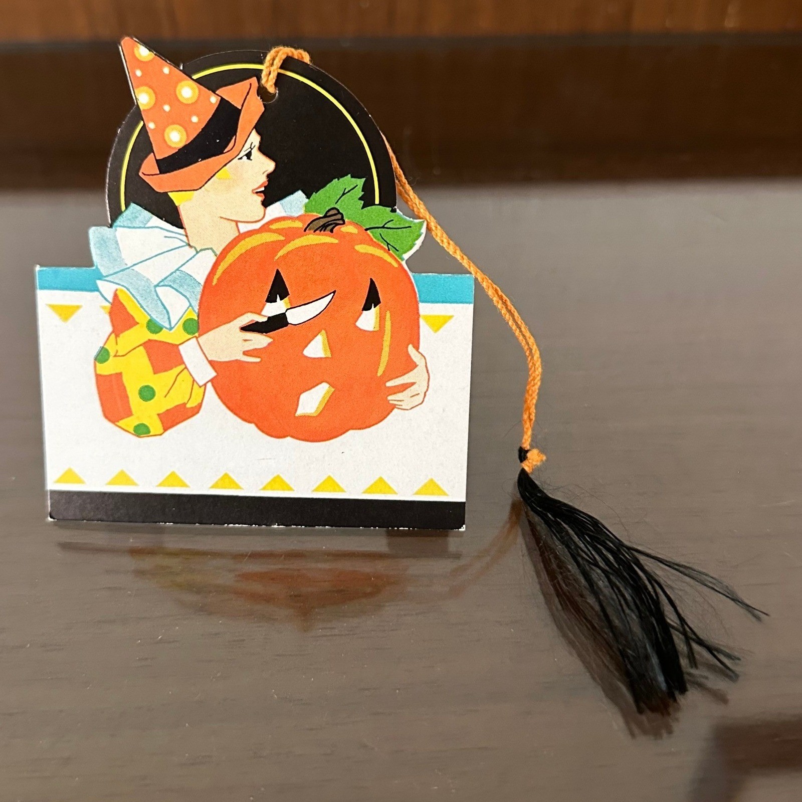Antique Halloween Bridge Tally Card Clown Carving Pumpkin Tassel Art Deco
