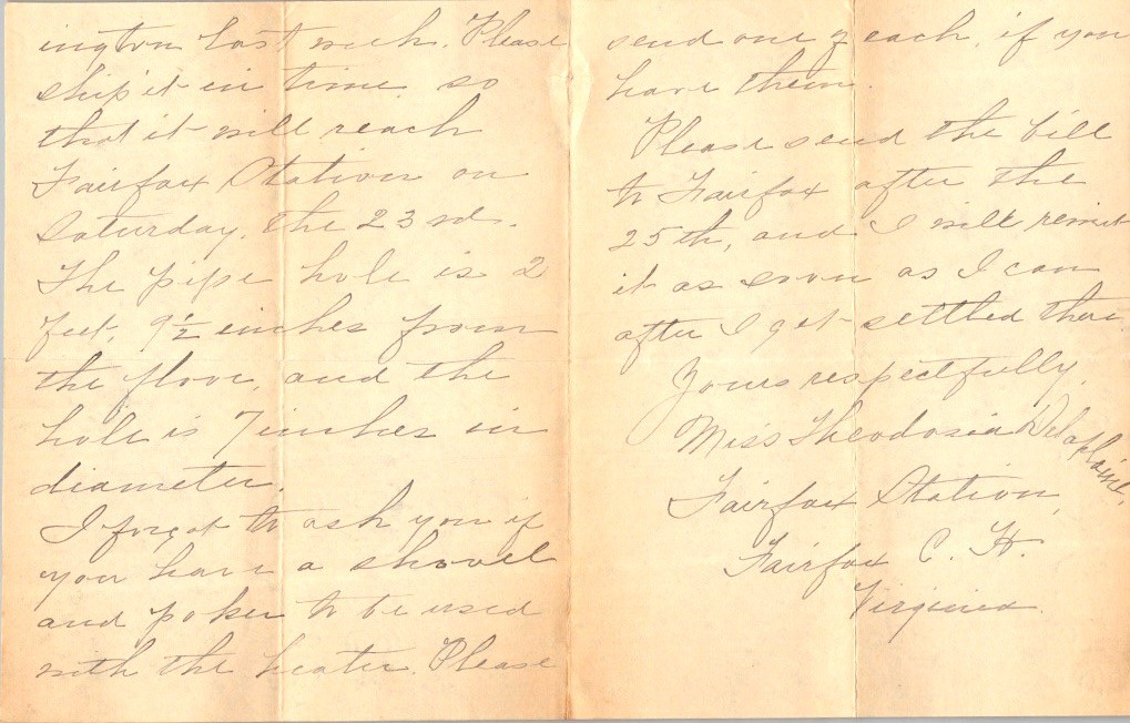 1900s Nilson Heater Letter Miss Theodosia Reddersin Fairfax Station VA