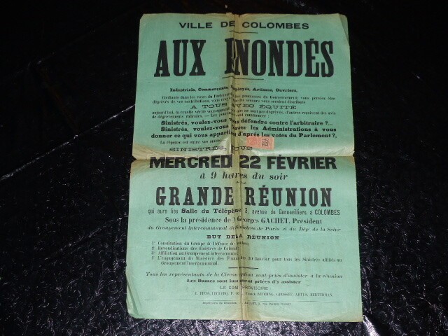 Rare Poster City Of Colombes Floods (Floods 1910) February 22 62×42