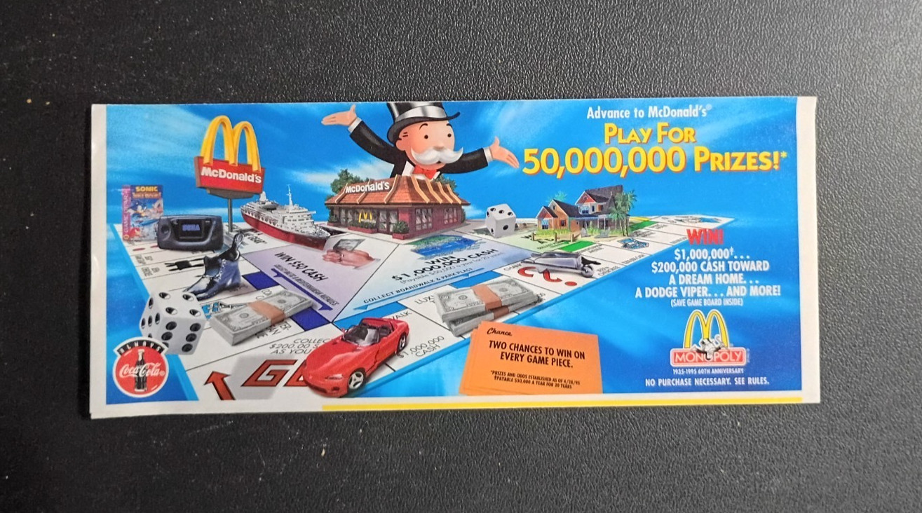 Vintage McDonald’s 60th Anniversary Monopoly Game Board Brochure 1995 Coca-Cola