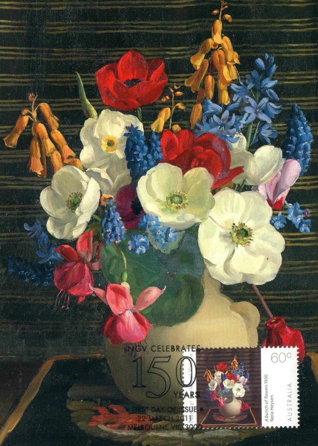2011 Nora Heysen Bunch Flowers POSTCARD Maxicard FDI 60c Stamp Cancel Melbourne