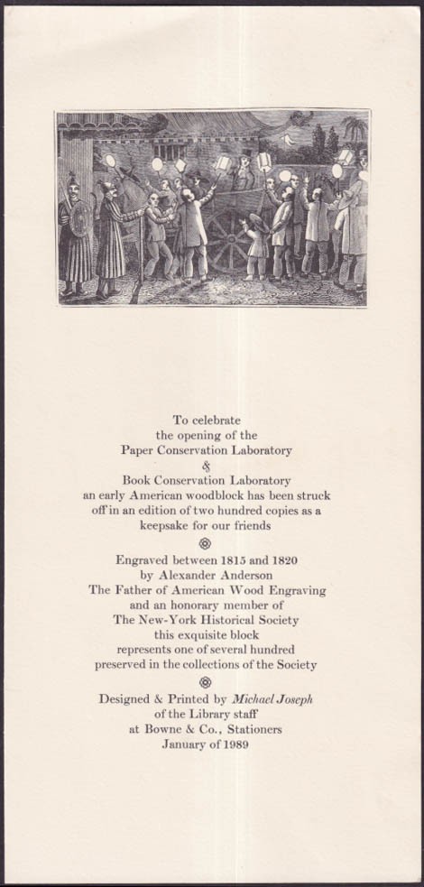 NY Historical Society Paper & Book Conservation Lab keepsake 1989 1 of 200