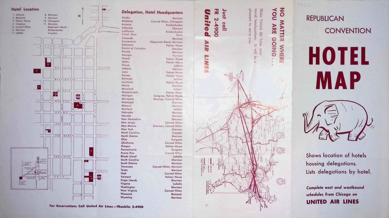 1952 Republican Convention Hotel Map Chicago United Air Lines Schedule